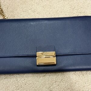 Newly New - Furla Navy Leather Clutch with Gold Accent and Adjustable Chain
